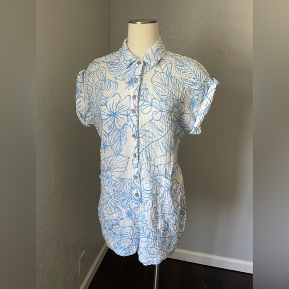 Ocean Drive Blue and White Jumpsuit with Floral Print - Picture 1 of 8